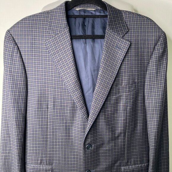 Canali Men's Blue Two Button Front 100% Wool Checkered Blazer Size 44 - Picture 2 of 9